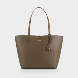 Lauren tote bag in botanic green, saffiano-texture with twin shoulder handles, gold-tone hardware and charm tag detail