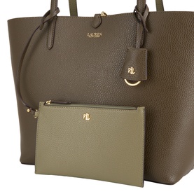 Lauren Botanic Green tote bag with gold-tone hardware and branded charm, styled with a smaller Sage Green pouch clutch