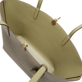 Lauren tote bag in botanic green and sage green, open-top view showing interior lining, dual handles and gold-tone hardware detail