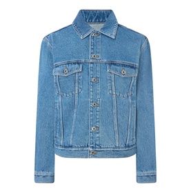 Loewe Anagram Logo Denim Jacket in jeans blue, mid-wash cotton with shirt collar, chest flap pockets, and front button fastening