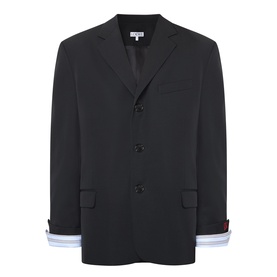 Loewe black wool casual jacket with three-button front, chest pocket, and striped contrast cuff detail