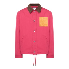 Loewe red cotton casual jacket with brown corduroy collar, orange chest patch pocket, snap buttons and drawstring hem