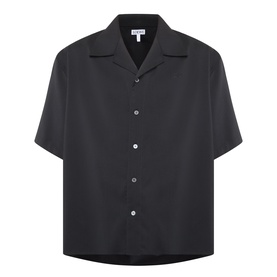 Loewe Solid Camp Shirt in black wool, short sleeves, camp collar, front button fastening and curved hem