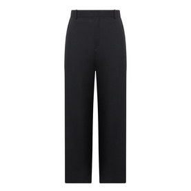 Loewe black wool casual trousers with wide-leg fit, high waist, and side tab detail, displayed flat against white background