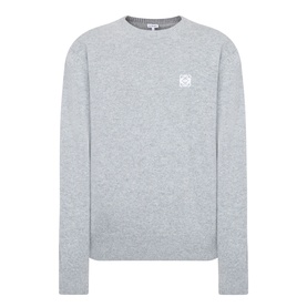 Loewe Anagram Logo Sweater in grey melange wool, crew neck with ribbed trims and contrast Anagram logo embroidery on chest