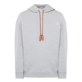 Loewe grey melange cotton hoodie with tan drawstring cords and small logo patch on chest