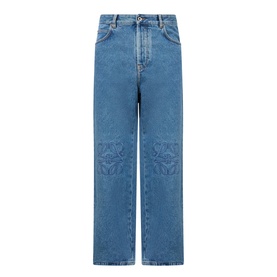 Loewe Anagram Logo Baggy Jeans in jeans blue, mid-rise straight-leg cut with tonal Anagram logo detailing at the knees and five-pocket styling