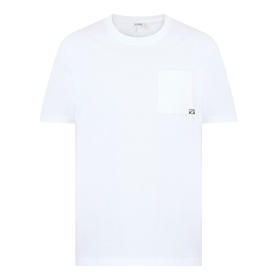 Loewe Anagram Logo Chest Pocket T-Shirt in white with round neck, short sleeves, and anagram logo patch on chest pocket.