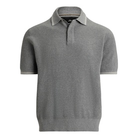 RLX Golf knitted polo shirt in Spring Heather with Stone Pebble tipping on collar and cuffs, short sleeves, three-button placket