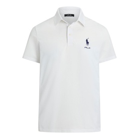 RLX Golf polo shirt in Light Green with navy Big Pony embroidery, short sleeves, and two-button placket
