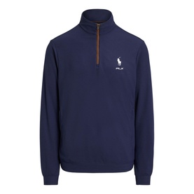 RLX Golf Refined Navy quarter-zip sweatshirt with tan zip pull, chest pocket, and embroidered polo player logo
