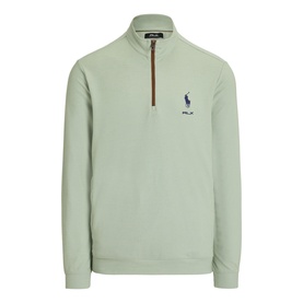 RLX Golf light green quarter-zip sweatshirt with burgundy zip pull and embroidered navy Polo Pony logo on chest