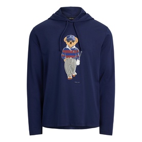 RLX Golf Refined Navy hooded long-sleeve T-shirt with embroidered Polo Bear in golf attire graphic on chest