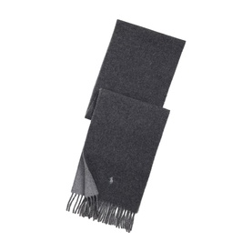Polo Ralph Lauren dark charcoal grey reversible fringed scarf with embroidered pony logo, two-tone wool fabric