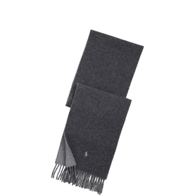 Polo Ralph Lauren dark charcoal grey reversible fringed scarf with embroidered pony logo, two-tone wool fabric
