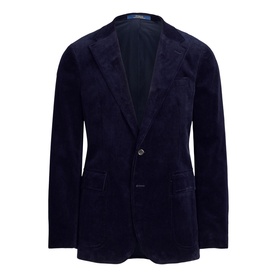 Navy blue corduroy single-breasted blazer with notch lapels, patch pockets, and one-button fastening