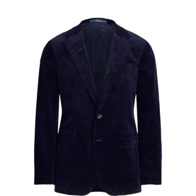 Navy blue corduroy single-breasted blazer with notch lapels, patch pockets, and one-button fastening