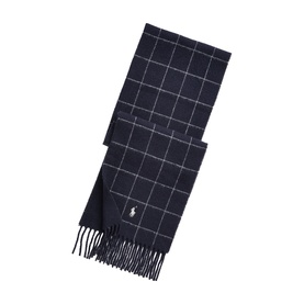 Polo Ralph Lauren navy blue windowpane check scarf with fringe trim and embroidered pony logo