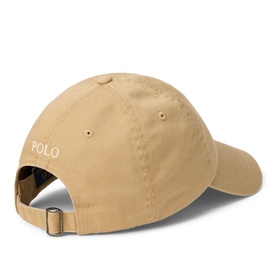 Ralph Lauren Polo cap in Classic Camel, rear view showing adjustable buckle strap and embroidered Polo text.