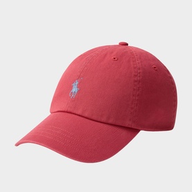 Ralph Lauren Iconic Pony Logo Chino Ball Cap in red with light blue embroidered Pony logo, six-panel construction and adjustable buckled strap