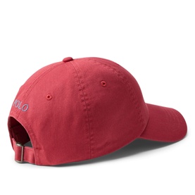 Ralph Lauren Iconic Pony Logo Chino Ball Cap in Nantucket Red, rear view showing adjustable buckled strap and six-panel construction
