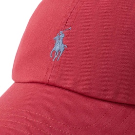 Ralph Lauren Iconic Pony Logo Chino Ball Cap in Nantucket Red with blue embroidered Pony logo, close-up detail shot