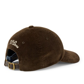 Ralph Lauren Dark Breech corduroy baseball cap, rear view showing embroidered logo and gold-tone buckle adjuster strap.