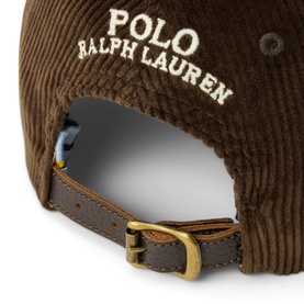 Ralph Lauren Polo cap in Dark Breech corduroy, rear view showing embroidered logo and gold-tone buckle strap fastening