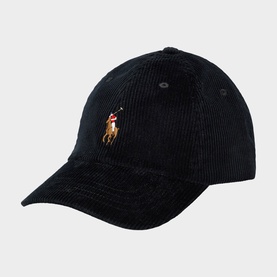 Ralph Lauren black corduroy baseball cap with embroidered multicolour Polo Pony logo on front