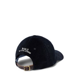 Ralph Lauren Polo black corduroy baseball cap, rear view showing embroidered logo and tan adjustable buckle strap
