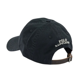 Ralph Lauren cap in Black Holiday Bear, rear view showing embroidered logo and brown leather adjustable strap