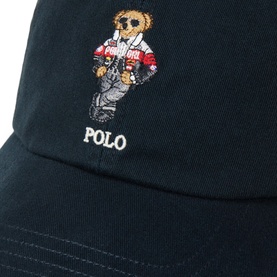 Ralph Lauren Polo Bear Logo Twill Ball Cap in Black Holiday Bear, close-up of embroidered Polo Bear graphic and POLO lettering on crown.