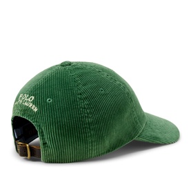 Ralph Lauren Meadow Green corduroy baseball cap, rear view showing embroidered logo and gold buckle adjuster strap.