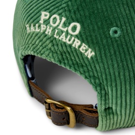 Ralph Lauren Polo cap in meadow green corduroy with embroidered logo and brown leather strap with gold-tone buckle