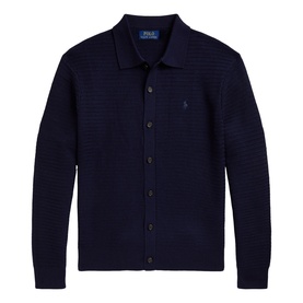 Ralph Lauren hunter navy textured knit cardigan with polo collar and button-front fastening, small embroidered pony logo