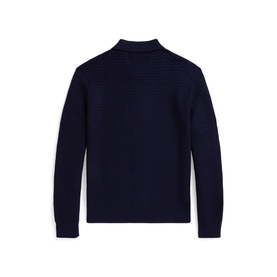 Ralph Lauren navy cardigan, back view, ribbed texture throughout, mock neck collar, long sleeves
