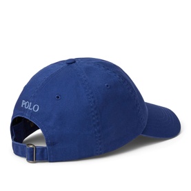 Ralph Lauren Polo cap in Blue Yacht, rear view showing embroidered logo and adjustable metal buckle strap.