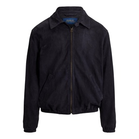 Ralph Lauren collection navy suede casual jacket with zip front, collar, and ribbed hem and cuffs