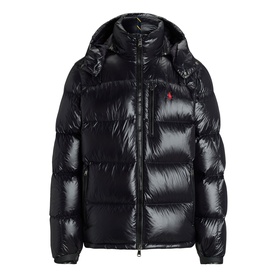 Ralph Lauren Polo Black Glossy quilted puffer jacket with attached hood, zip fastening, and signature red pony logo