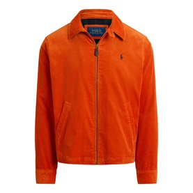 Ralph Lauren college orange corduroy casual jacket with zip front, shirt collar, and navy embroidered pony logo