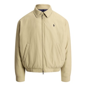 Ralph Lauren khaki casual jacket with zip fastening, spread collar, side pockets, and navy embroidered pony logo