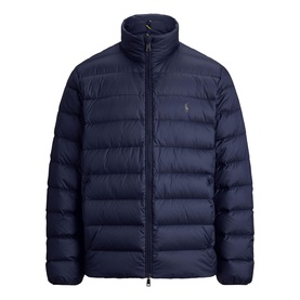 Polo Ralph Lauren navy quilted puffer jacket with zip fastening, stand collar, and embroidered pony logo