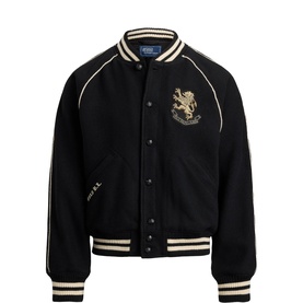 Ralph Lauren Polo Black wool varsity jacket with gold lion crest, cream striped ribbed collar, cuffs and hem, snap-button fastening