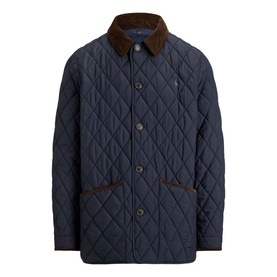 Ralph Lauren navy quilted casual jacket with brown corduroy collar, contrast trim, button fastening and chest logo