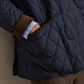 Ralph Lauren navy quilted casual jacket close-up, showing diamond quilting, brown corduroy cuffs and button fastening detail