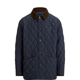 Ralph Lauren navy quilted casual jacket with brown corduroy collar, contrast trim, button fastening and chest logo