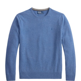 Ralph Lauren crew neck knit jumper in Clarity Blue Heather, fine knit with tonal pony logo embroidery and ribbed trims