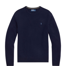 Polo Ralph Lauren navy blue crew neck knit jumper with contrast grey collar trim and embroidered pony logo