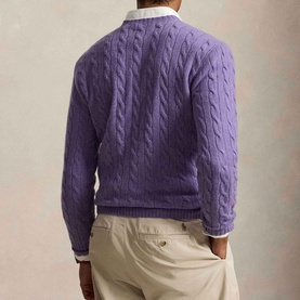 Model wearing Ralph Lauren Pony Logo Cable Knitted Sweater in light coronet purple heather, crew neck, cable-knit detail, styled with beige chinos