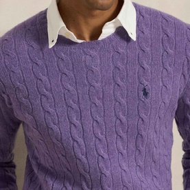 Model wearing Ralph Lauren Pony Logo Cable Knitted Sweater in Light Coronet Purple Heather, crew neck, styled with a white collared shirt underneath.